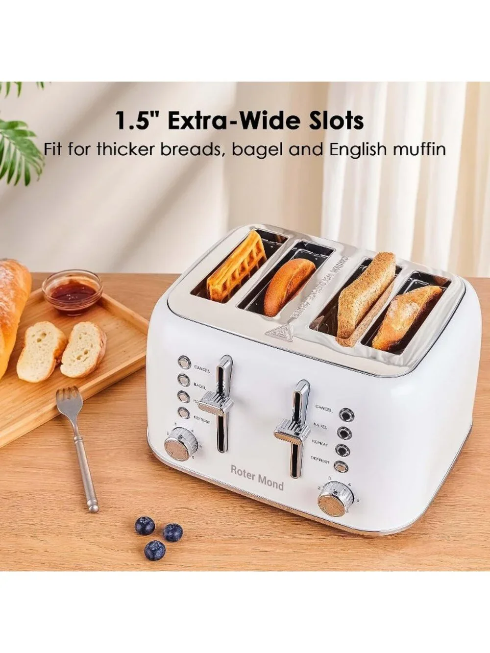 4 Slice White Retro Stainless Steel with Extra Wide Slots Bagel Defrost Toaster